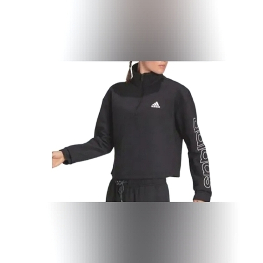 Adidas Size Medium Fleece Black White Multi‎ Sport 1/4 Zip Cropped Sweatshirt